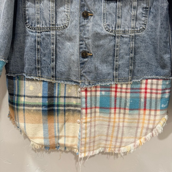 Free People XS/S Sirius Plaid Denim Trucker Shirt Jacket Shacket Bohemian - Picture 10 of 16